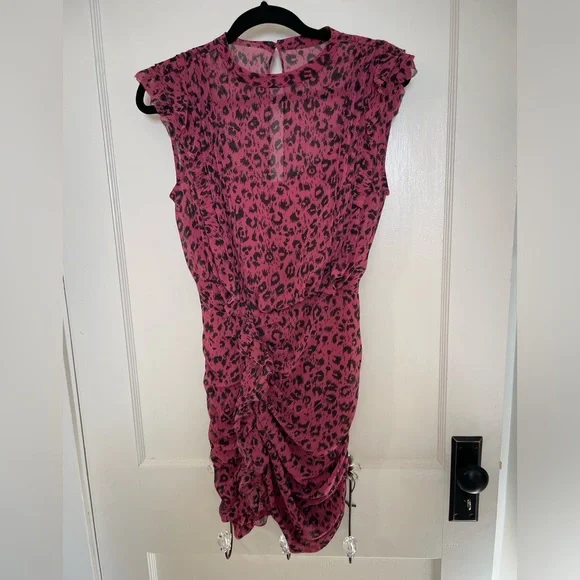 all saints pink leopard dress Allsaints Pink Leopard Print Ruched Mini Dress